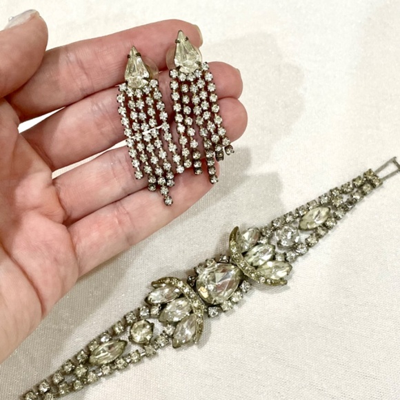 Vintage Art Deco Rhinestone Crystal Bracelet Earrings Bridal Jewelry Estate - Picture 4 of 11